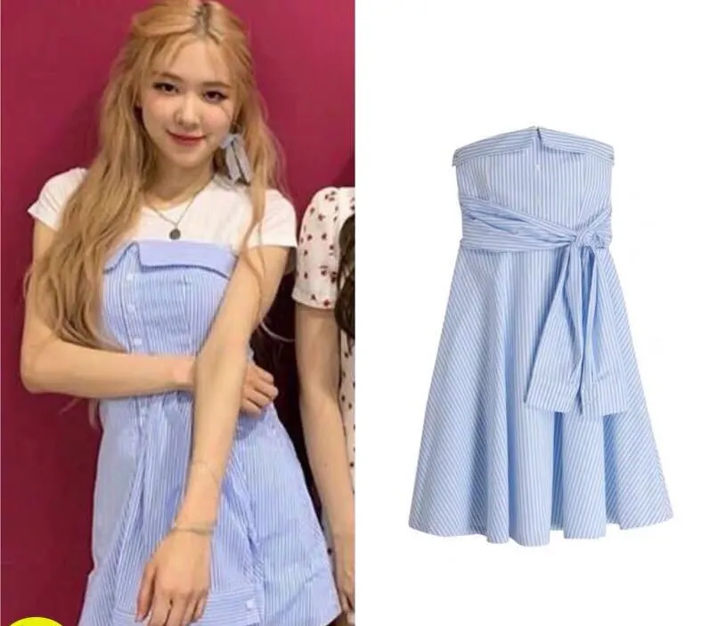 BLackpink rose with the same style song dress tube top shirt skirt striped straps girls sexy dress 2021