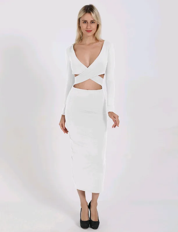 European and American sexy V-neck hollow long-sleeved bag hip dress