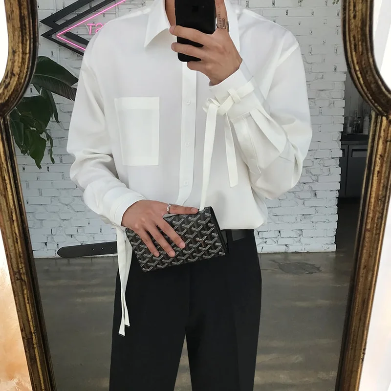 Solid color men and women trendy long-sleeved shirt with ribbon decoration