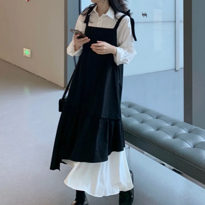 Fake two piece stitching shirt suspender dress