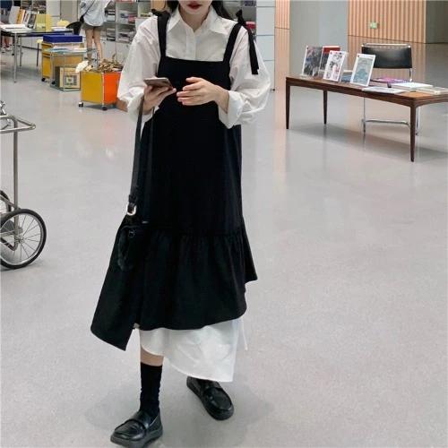 Fake two piece stitching shirt suspender dress