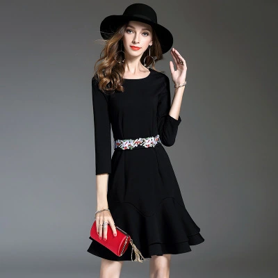 2021 autumn winter new style pure color neck collar lace dress, self-cultivation seven points sleeve sleeve skirt AHL330