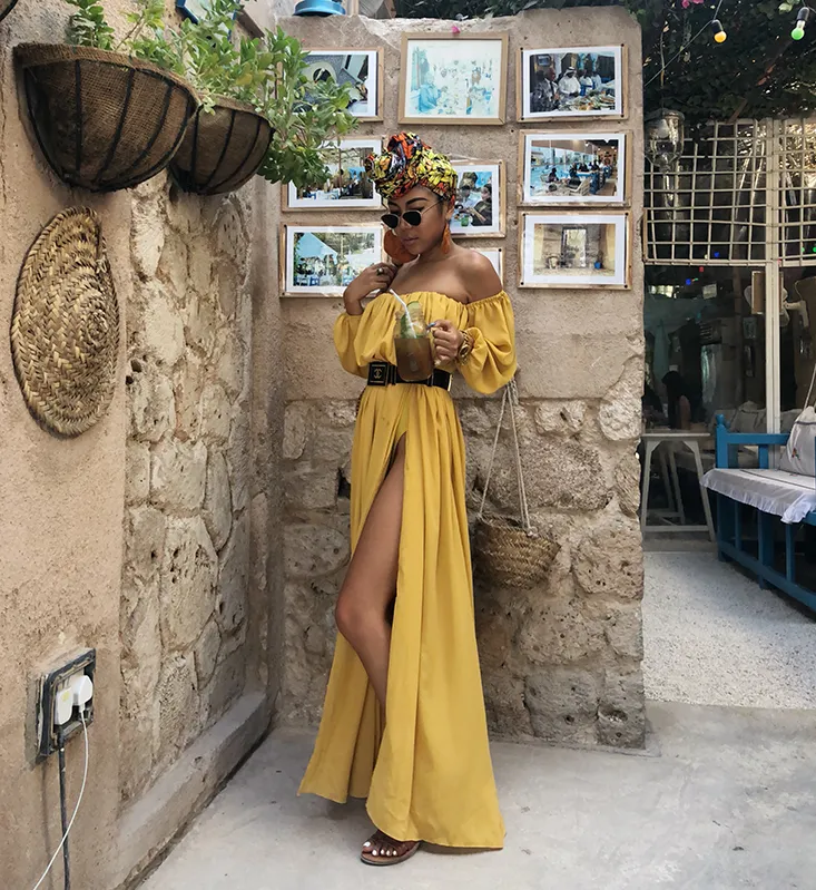 Exotic chest-high open-forked elegant long skirt with thin waist and yellow dress