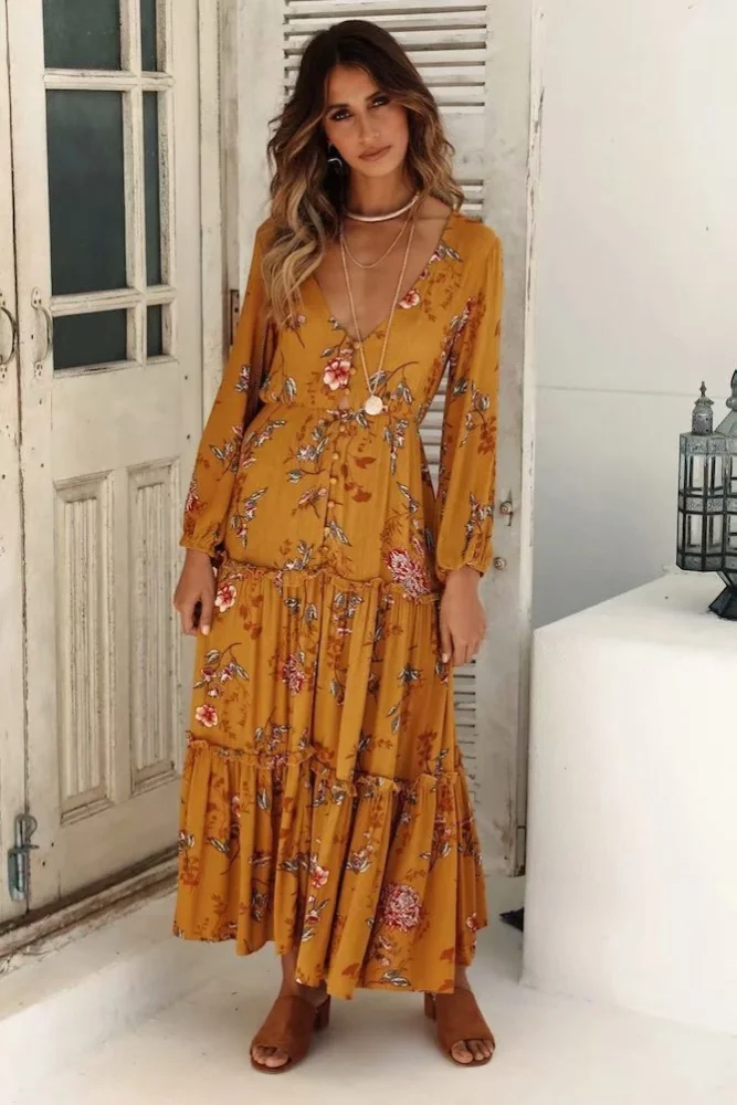 Autumn new long-sleeved printed dress V-neck layered dress