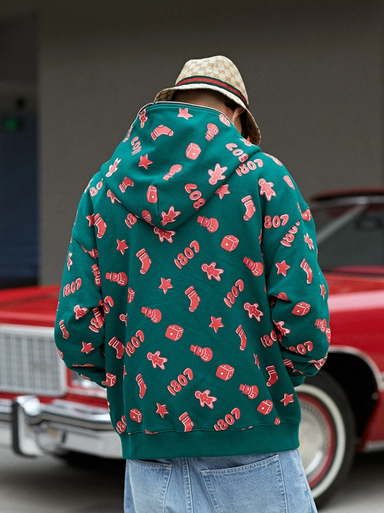 Printed coat plus fleece hoodie sweater couple