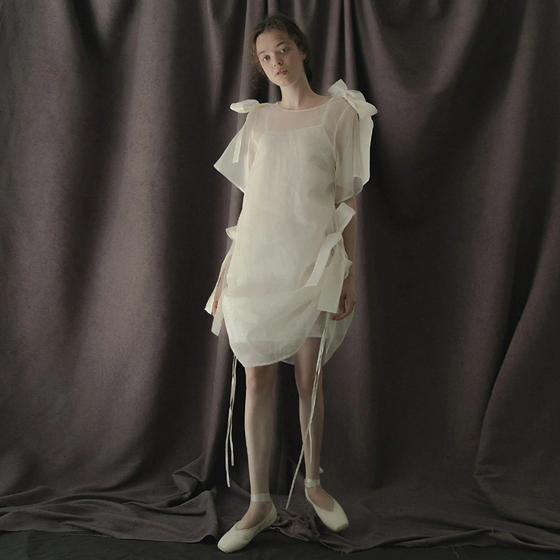 Perspective bow dress female irregular strap holiday skirt