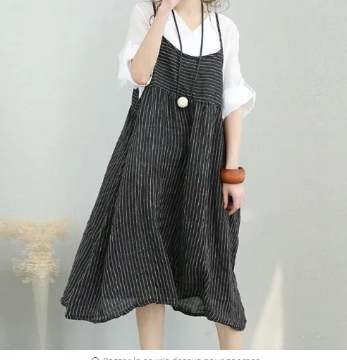 Explosion retro literary fan striped linen strap dress female loose casual dress skirt wild