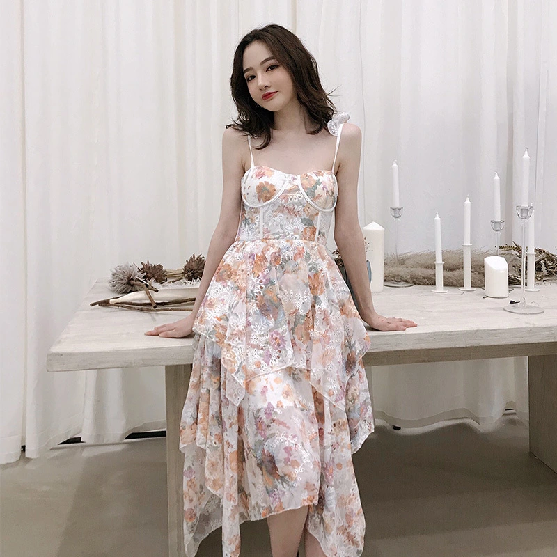 New style dress with wooden ear edge and small print hollow sling and sexy irregular skirt for holiday