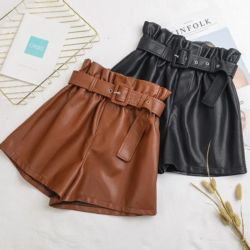 Pu female autumn and winter elastic waist high waist leather shorts