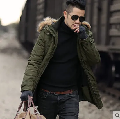Winter Army Green Fur Collar Men's Plus Cotton Windbreaker Coat Men's Hooded Long Cotton Jacket