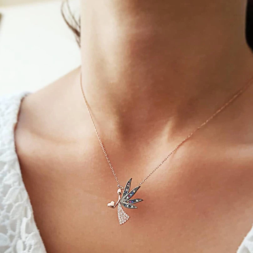 Simple Crystal Pendant Angel Clavicle Chain Sweater Chain