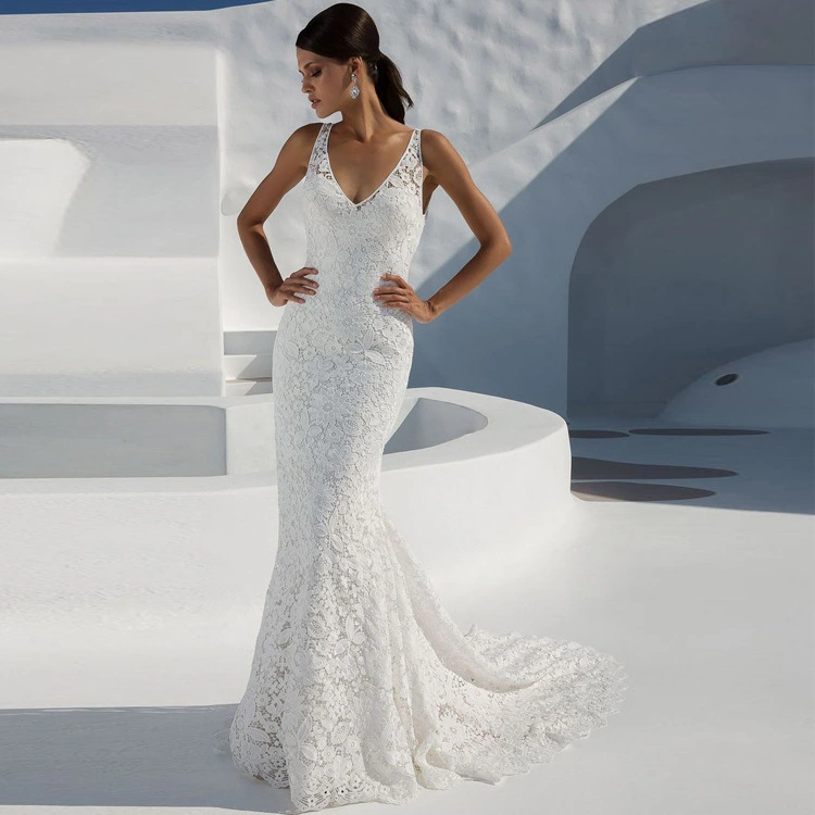 Deep V Sexy Lace Backless Dress Sleeveless White Trailing Dress