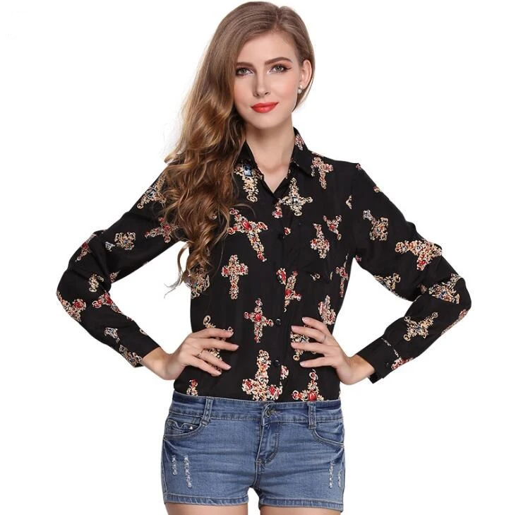USA SIZE Summer loose large size retro lapel long sleeve bottoming shirt Printed cross chiffon shirt