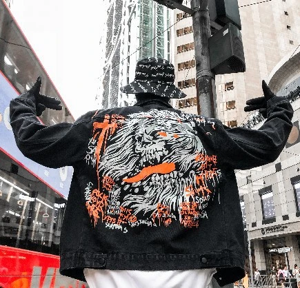 New lapel jacket shirt tide men's jacket hip hop high street Korean fashion print wild denim jacket