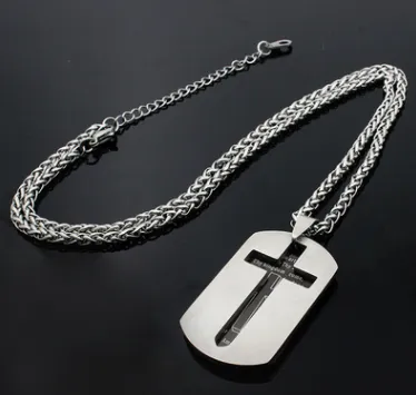 Fashion personality Double-layer English scriptures badge Punk retro titanium steel pendant necklace