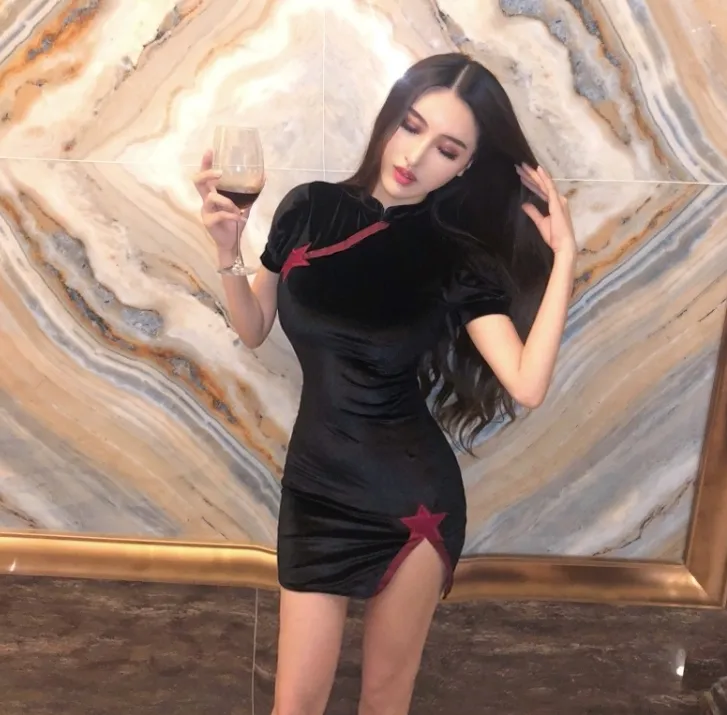 Sexy women's cheongsam dress summer new stand collar puff sleeve velvet split bag hip dress