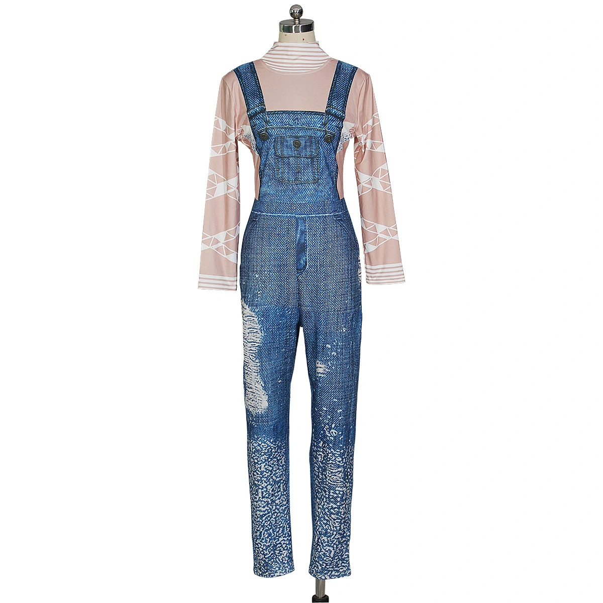 Fashion denim suspender printed Jumpsuit