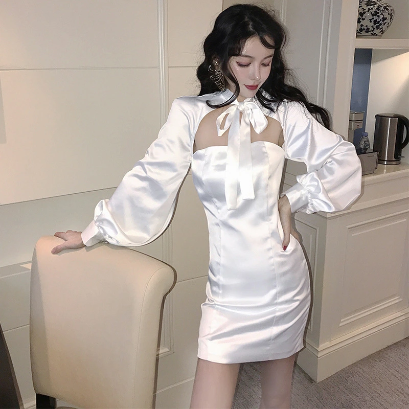 Sexy slim openwork hips slim satin long sleeve bottoming dress