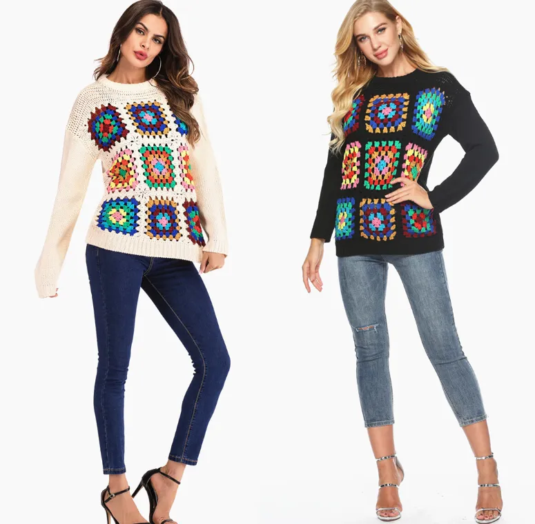 New sweater Jiugongge color hand hook flower knit sweater stitching long sleeves in the long sweater