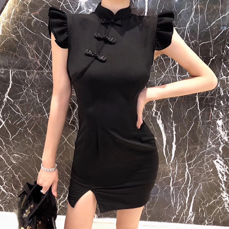Real shot Chinese style cheongsam retro dark wood ear sleeves slung design slim slimming split dress