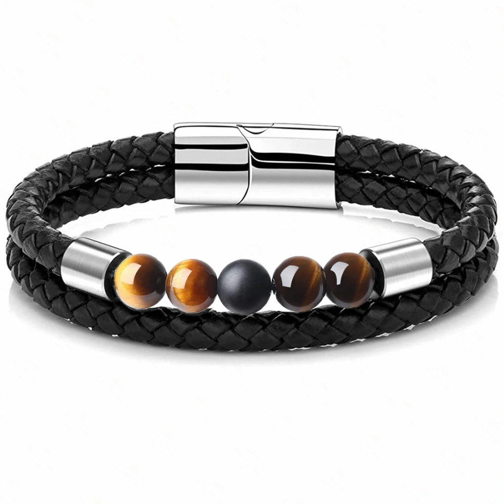 Punk Style Stainless Steel Genuine Leather Bracelet Handmade Natural Tiger's Eye Lava Stone