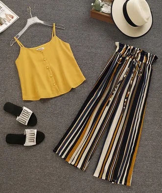 Comet Man Tao Amoy Chiffon Sling Striped Wide Leg Pants Two-piece Set Temperament High Waist Buckle Clothes