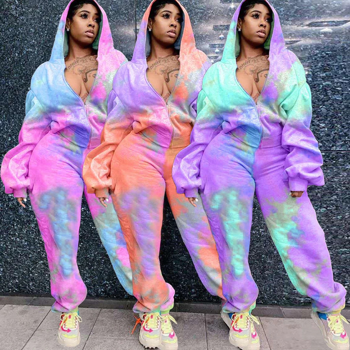 Tie-dye Printed Hooded Sweatshirt Sports Two-piece Suit