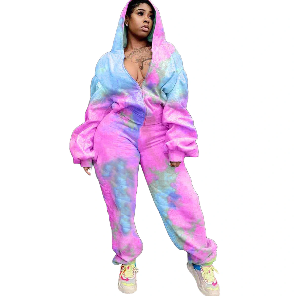 Tie-dye Printed Hooded Sweatshirt Sports Two-piece Suit