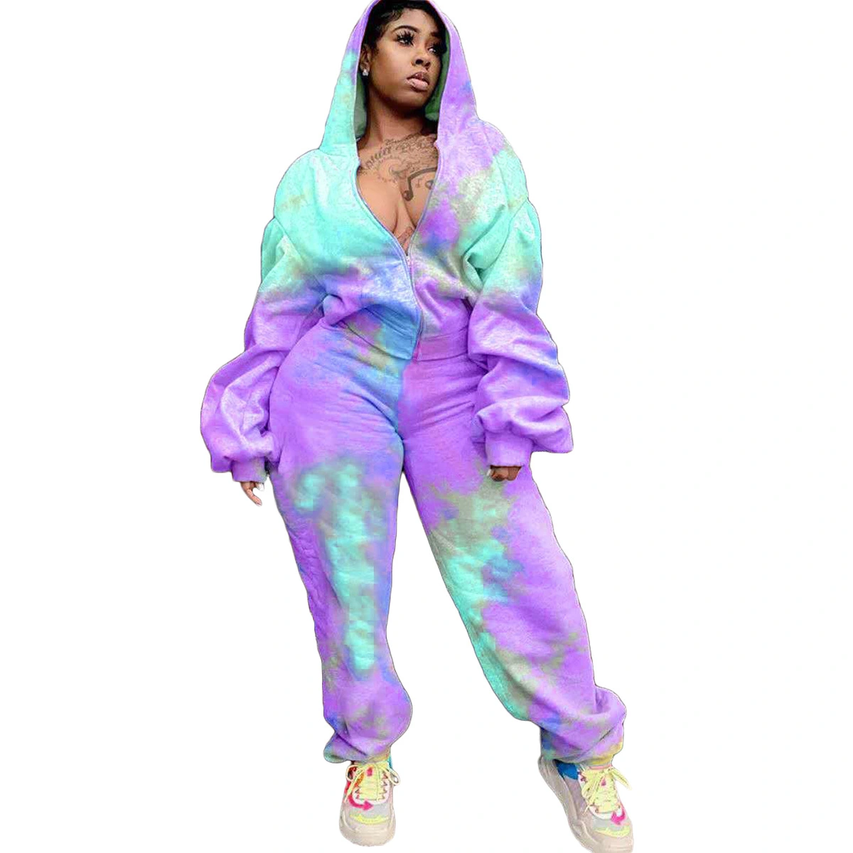 Tie-dye Printed Hooded Sweatshirt Sports Two-piece Suit