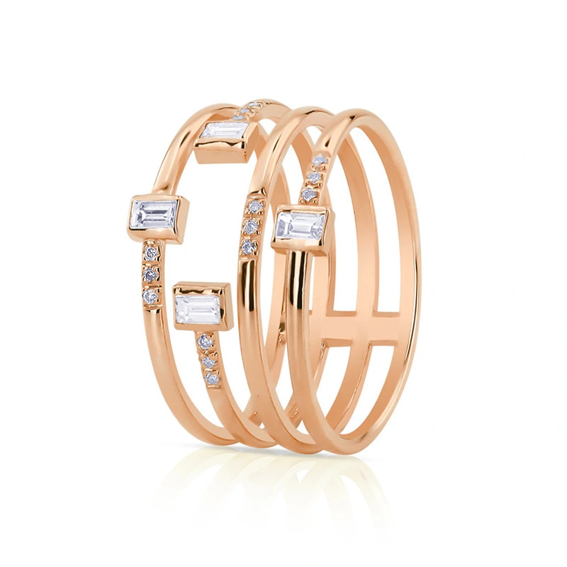 Personality four-line ladies ring Copper-plated silver zircon party ring jewelry