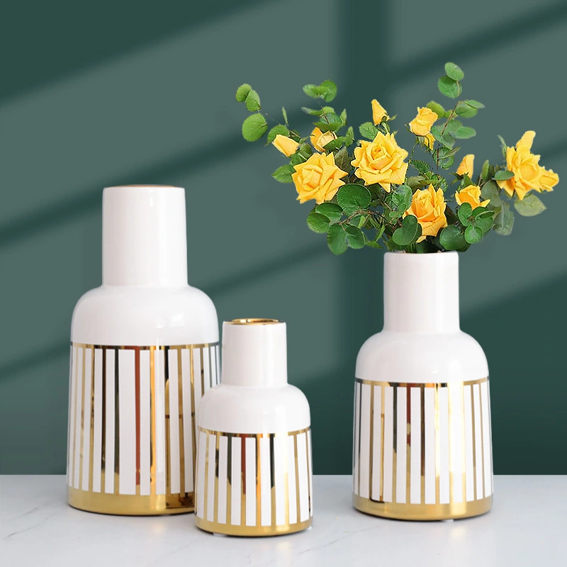 Gold-Plated Ceramic Vase Ornaments Golden Stripes Green Plant Hydroponic Flower Device