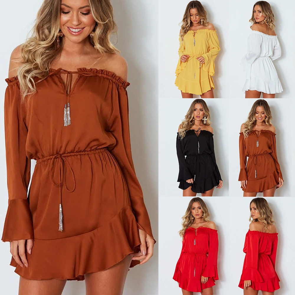 Ruffled collar trumpet long sleeve solid color dress