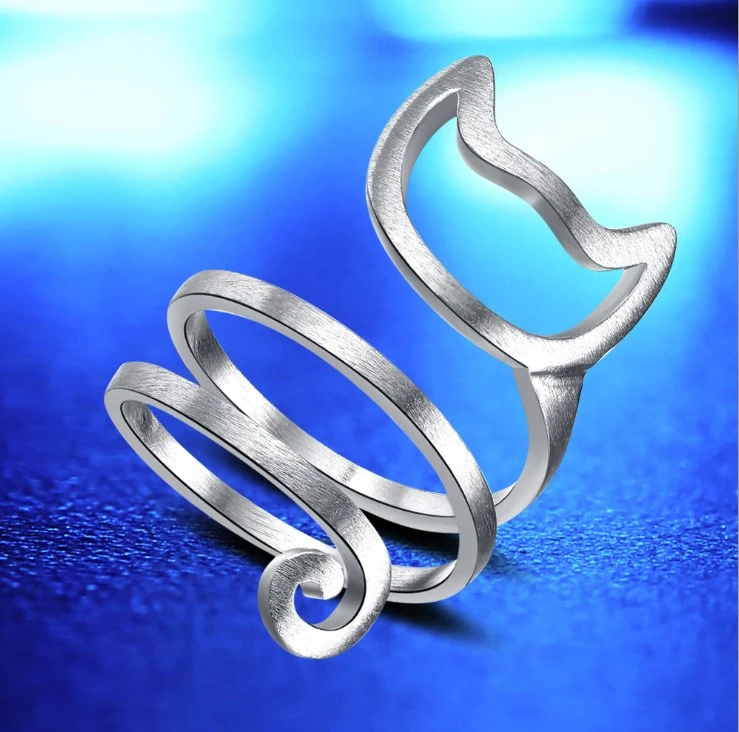 Personalized silver tangled brushed cute cat ring