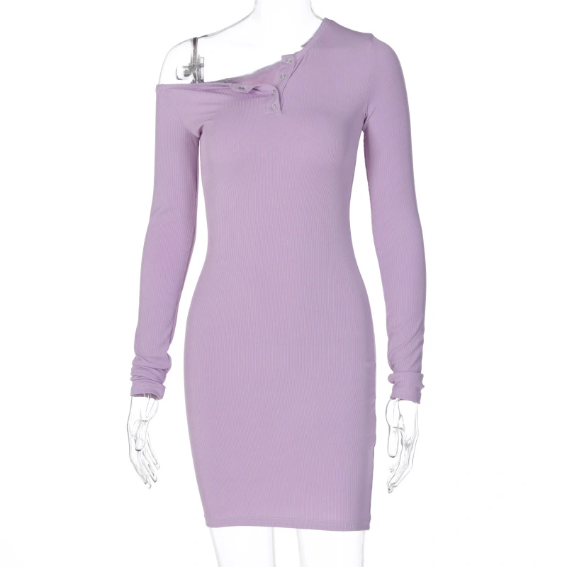 Off-the-shoulder diagonal collar knitted dress