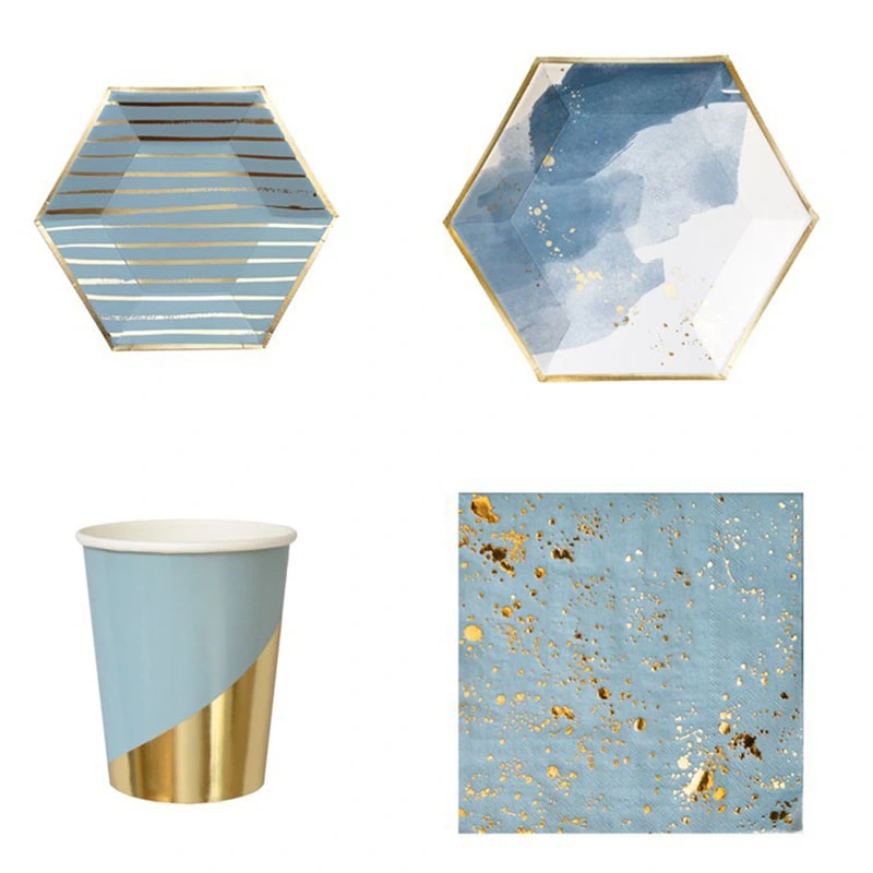 Disposable Ink Gradient Blue Hexagonal Plate Gilded Paper Plate