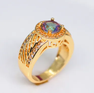 New inlaid topaz micro-inlay ring European and American colorful stone plated 18k yellow gold ring