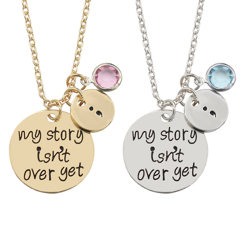 Carved My Story Isn't Over Yet Semicolon Necklace  Blue Crystal Bead Charm Pendant Gifts For Women Girl Family Collier Femme
