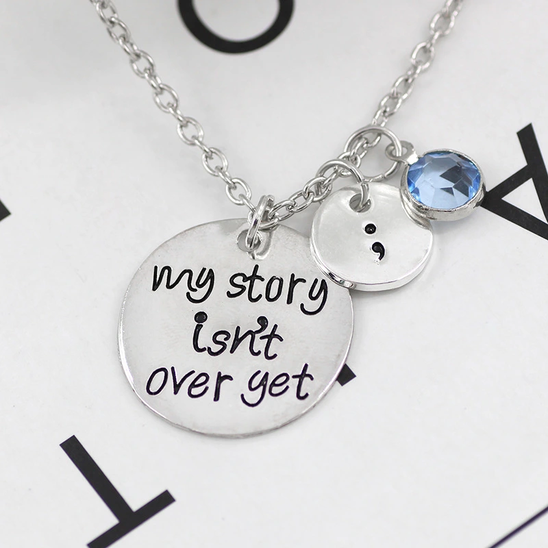 Carved My Story Isn't Over Yet Semicolon Necklace  Blue Crystal Bead Charm Pendant Gifts For Women Girl Family Collier Femme