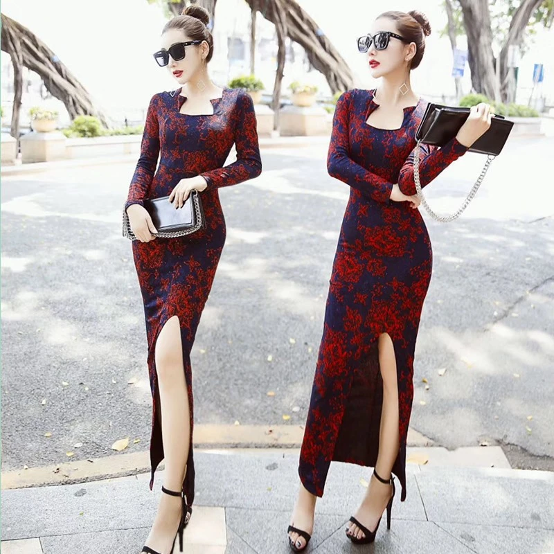 Autumn and winter European and American fashion printing square collar slim slimming bag hip split temperament dress long skirt