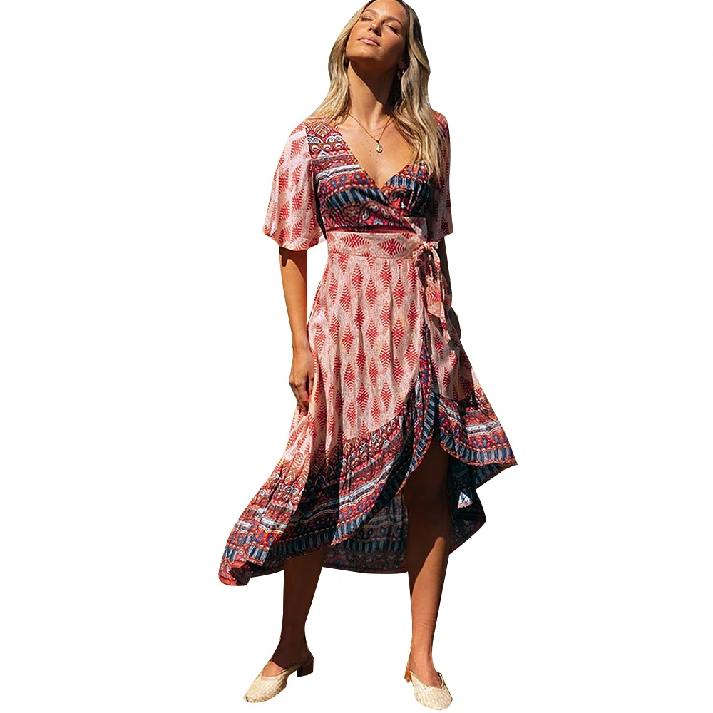 Bohemian vintage printed V-neck dress