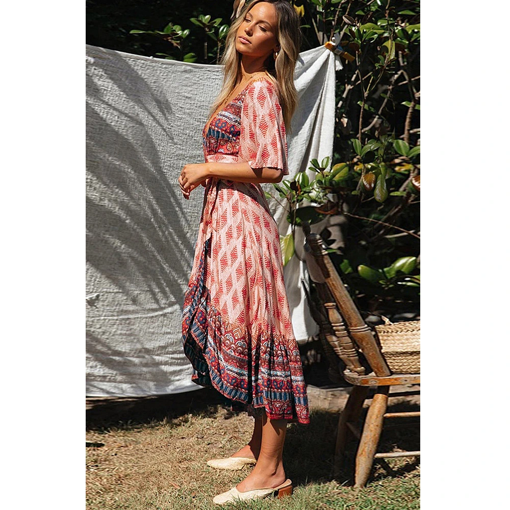 Bohemian vintage printed V-neck dress