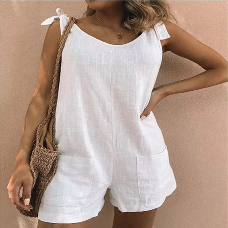 Solid Color Cotton And Linen Padded Pocket Fashion Jumpsuit