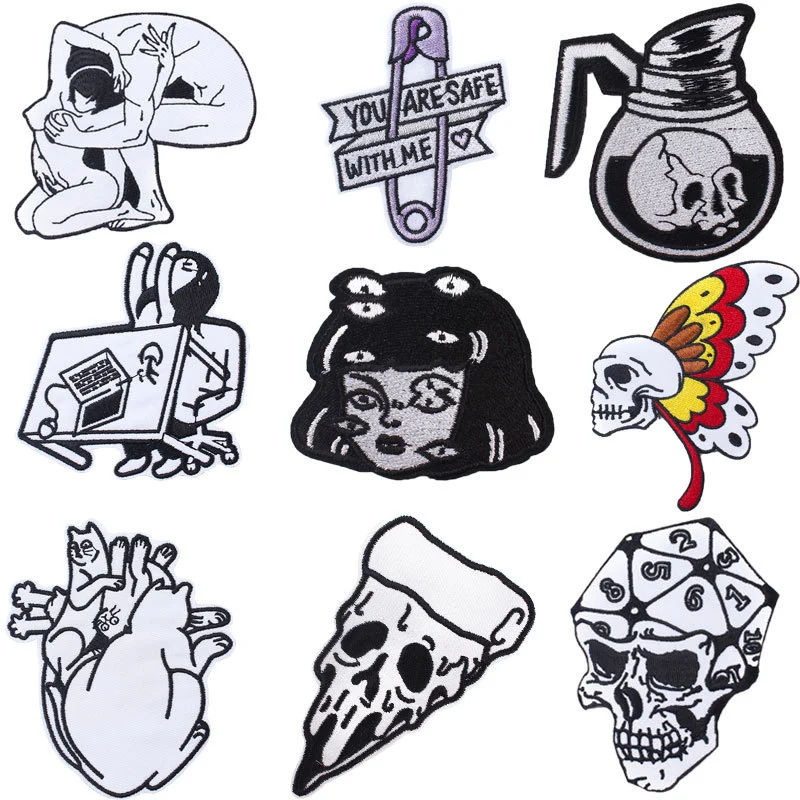 Black and White Punk Embroidery Cloth Stickers Computer Embroidery Clothing Accessories DIY 