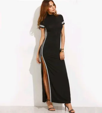 Sexy Black Cut Stripe Trim Short Sleeve High Neck Sheath Split Maxi Dress Dress