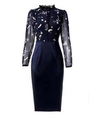 2021 spring and autumn new professional wear long-sleeved bag hip Slim was thin silk floral dress female