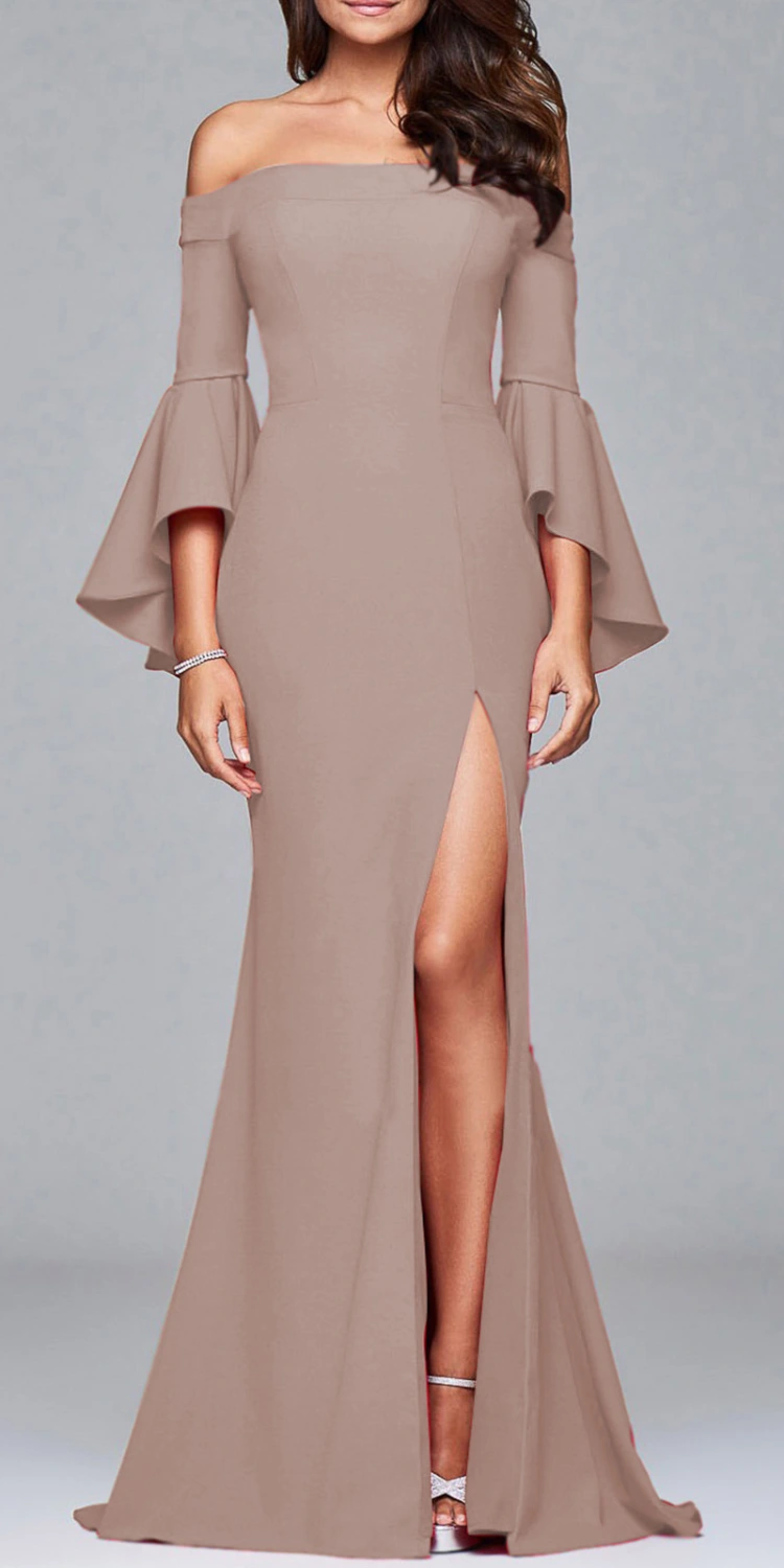 Solid Color Off Shoulder Split Evening Maxi Dress
