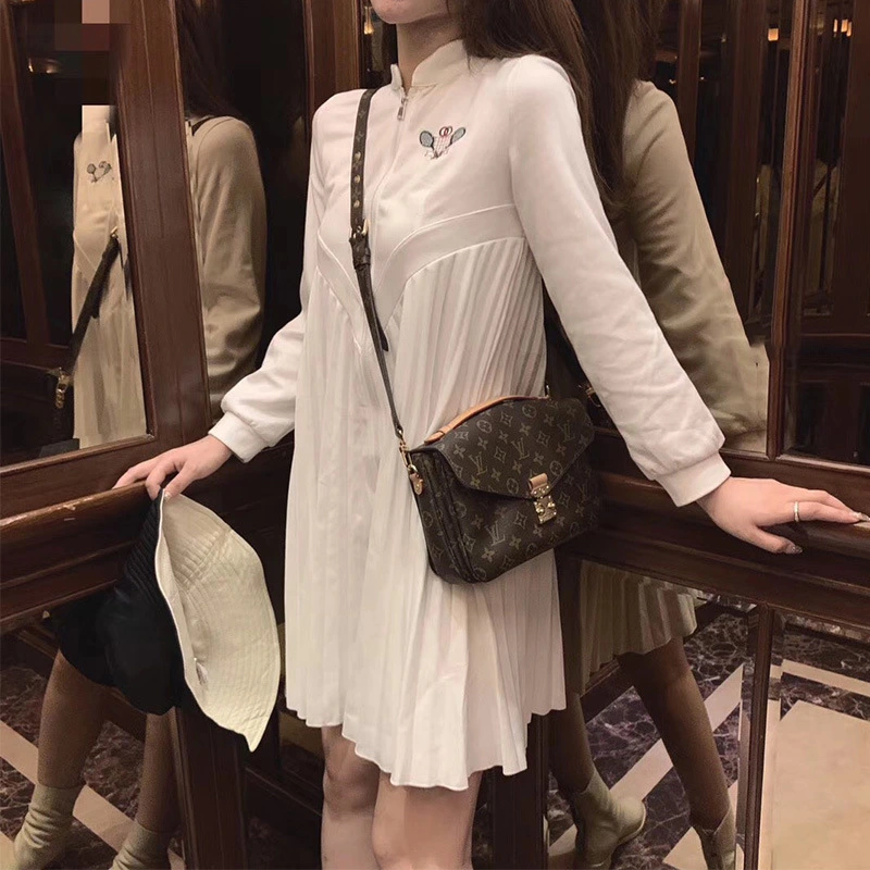 Embroidered long sleeve pleated dress