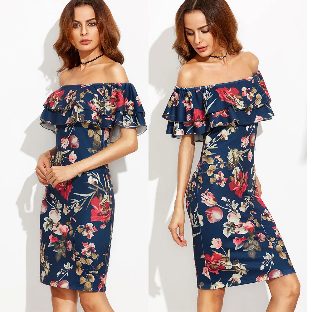 Sexy print dress word collar ruffled bag hip bandage dress