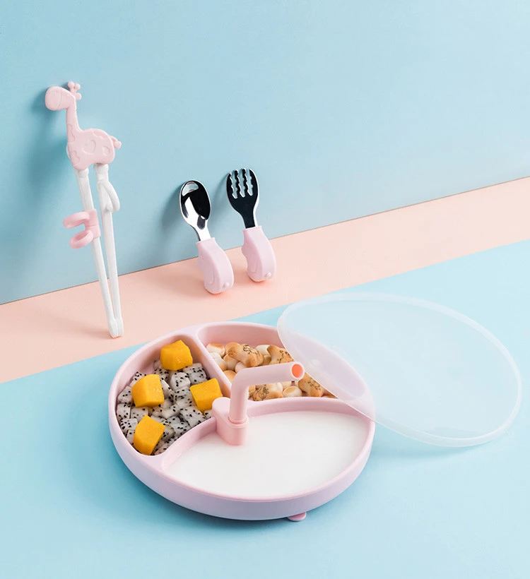 Baby Dinner Plate Children's Tableware Silicone Partition Suction Cup Set