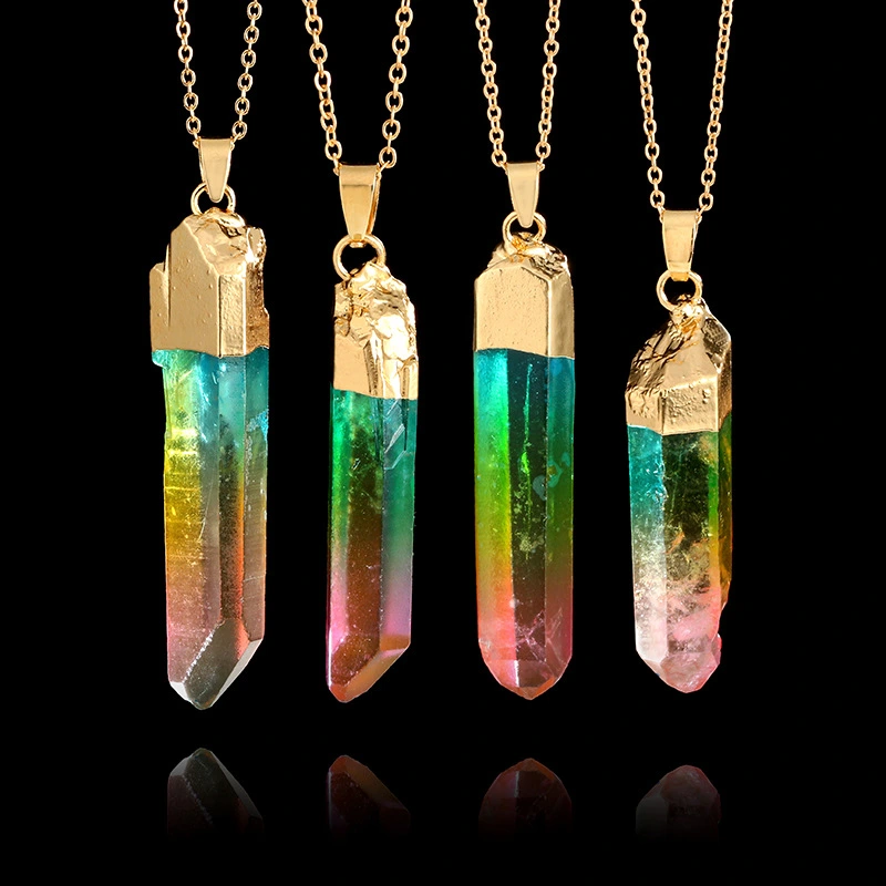 Original stone cylindrical mixed color crystal gold rim single ring pendant necklace